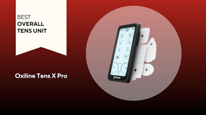 Image of an Oxiline Tens X Pro unit against a red background.